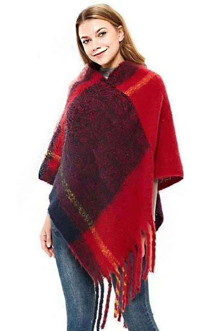 Artini Accessories - Wholesale Poncho - Women's - Soft Knit Large Plaid Design Winter Poncho Set4