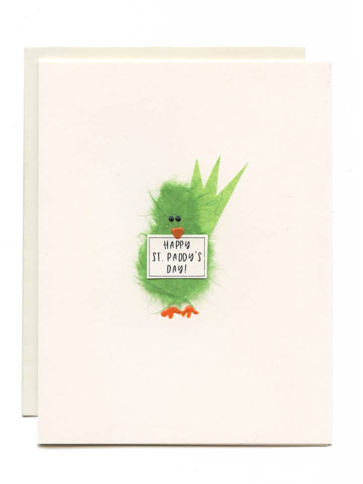 "Happy St. Paddy's Day" Green Bird w Sign for wholesale by FLAUNT HANDMADE CORRESPONDENCES