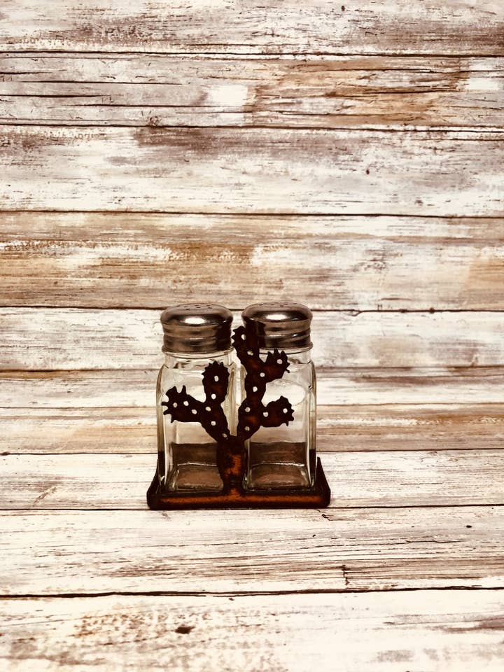 Prickly Pear Southwest Desert Salt n Pepper Shaker Holder for wholesale by Universal Ironworks USA