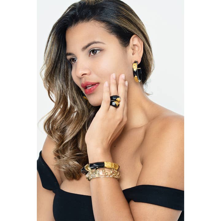 Gold & Honey - Wholesale Bangle Bracelet - Black 24K Gold Leaf Faceted Bangle with Hinge