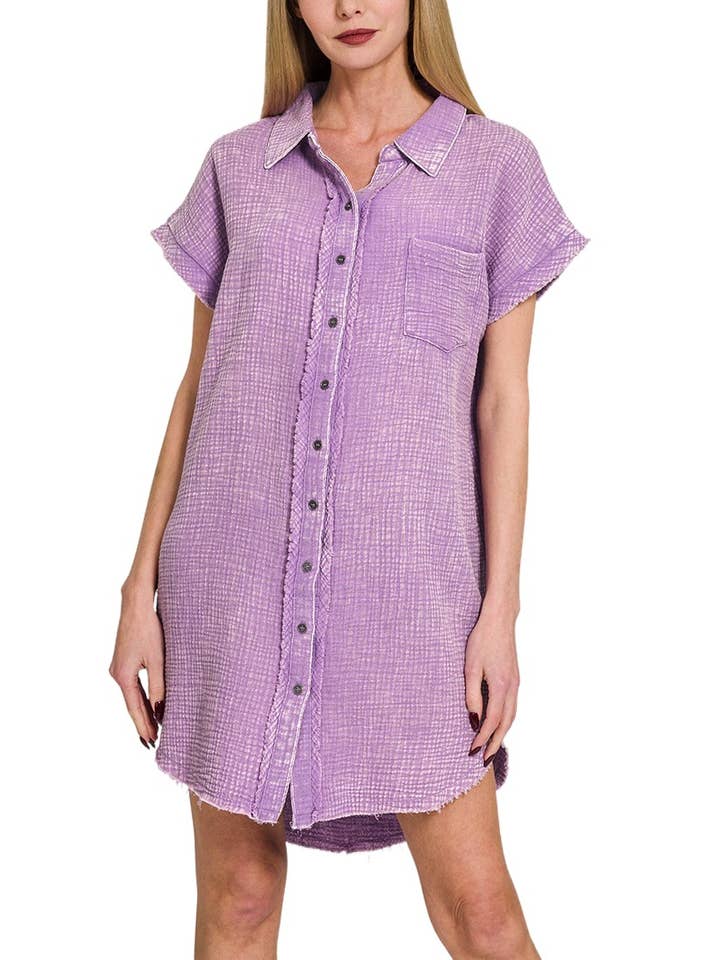 LAVENDER Washed Double Gauze Button Down Shirt Dress for wholesale on Faire