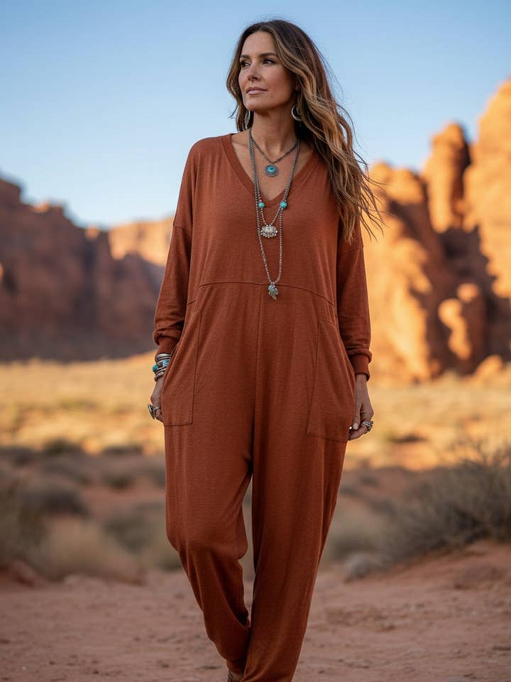 V Neck Drop Shoulder Pocket Jumpsuit for wholesale by Red Clover USA