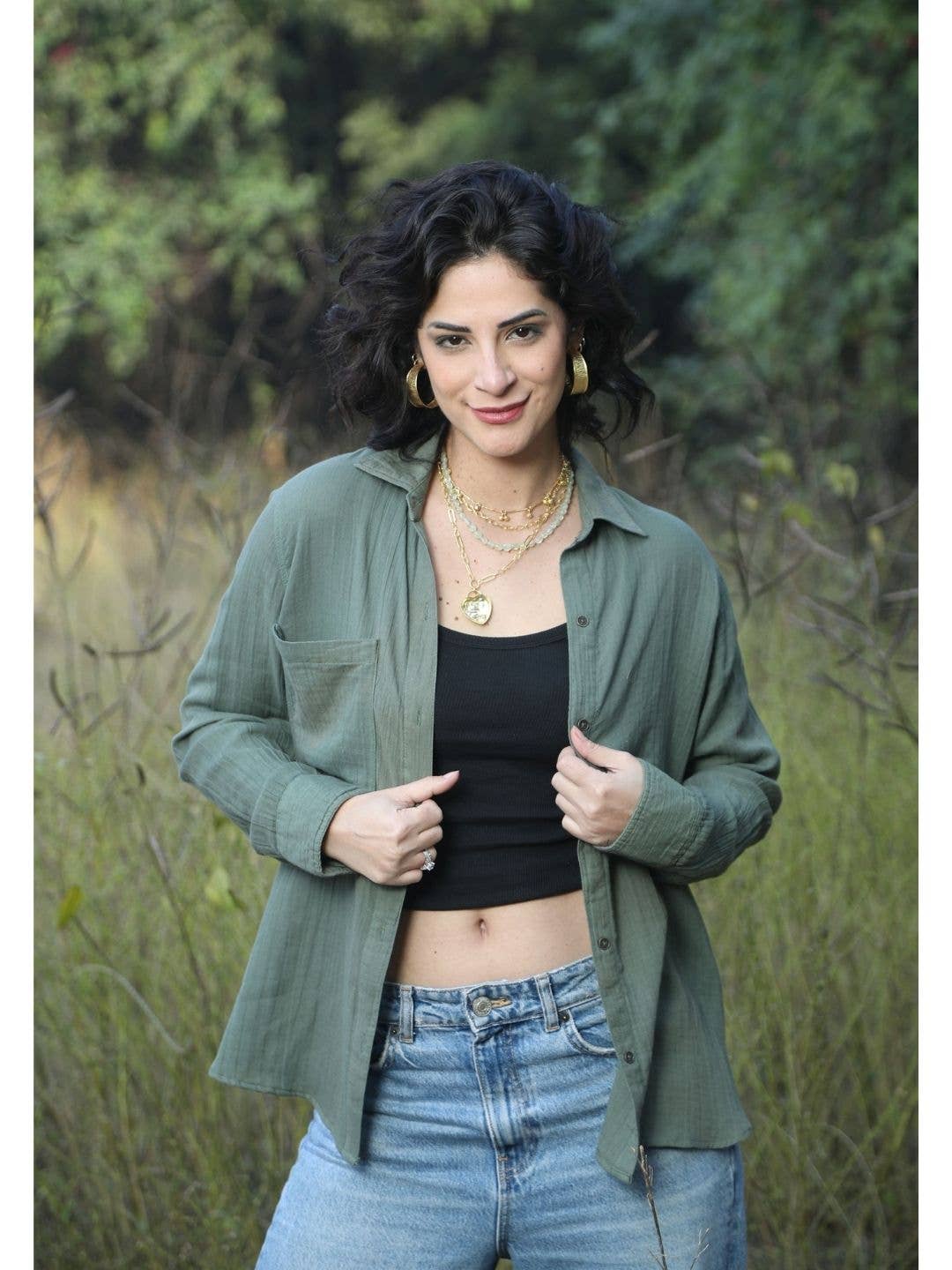 Boho Peace Sign Shirt in Olive Green – Double Gauze Cotton for wholesale on Faire1