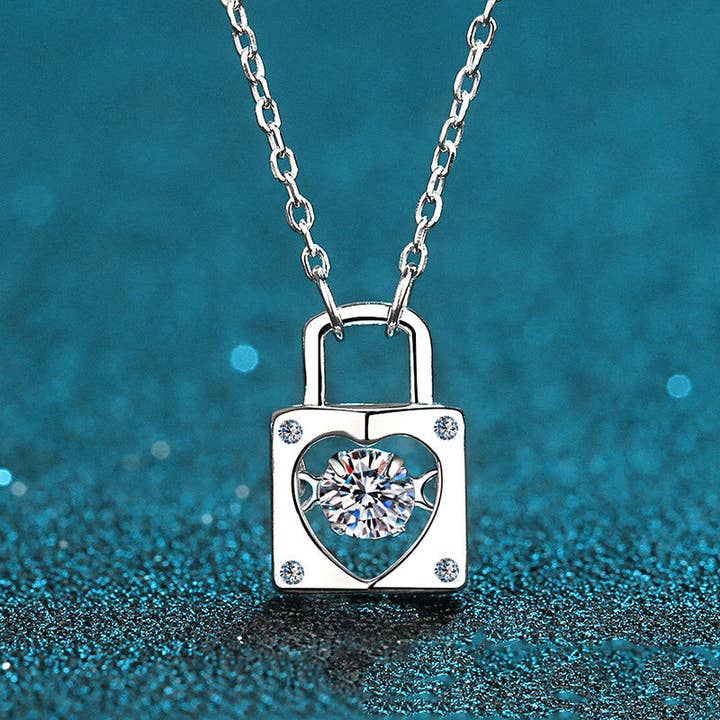 Moissanite Heart Lock Charm Necklace in 925 Sterling Silver for wholesale by Perimade & Co. LLC