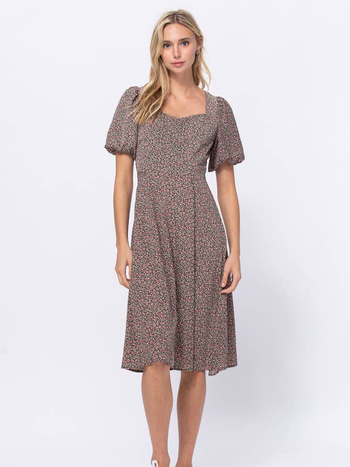 Vestido midi con manga abullonada con estampado floral para venta al por mayor de Dear Daisy