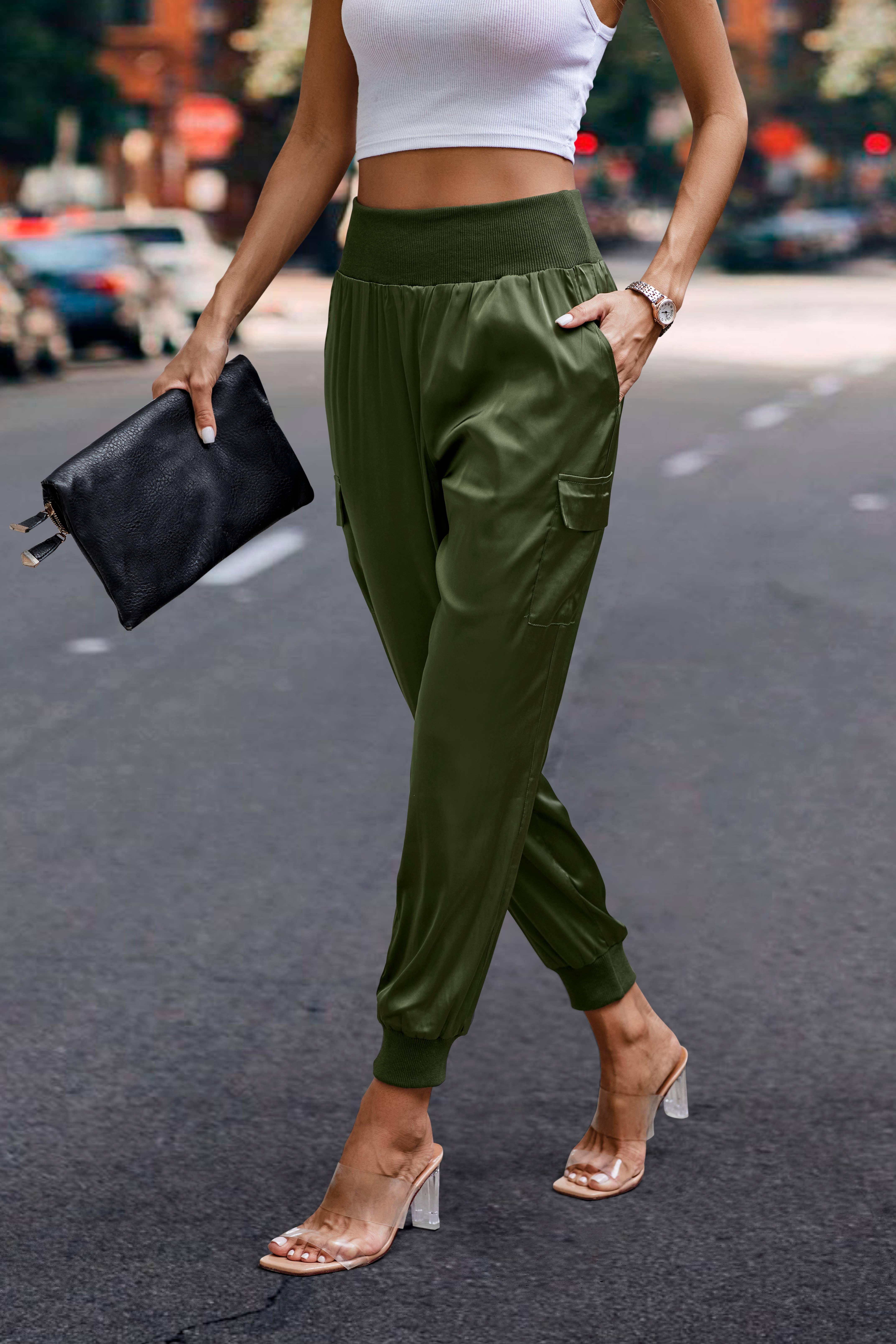 eLook - Wholesale Lounge Sweatpants/Joggers - Women's - SZ1-P0012 Satin Cargo Jogger with Ribbed Waist20