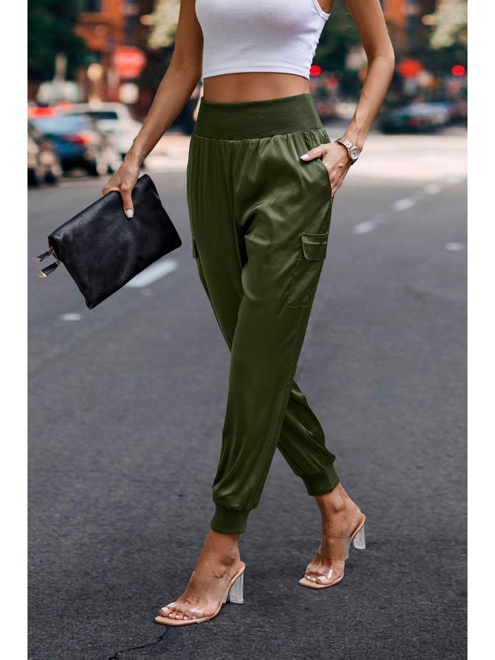 eLook - Wholesale Lounge Sweatpants/Joggers - Women's - SZ1-P0012 Satin Cargo Jogger with Ribbed Waist20
