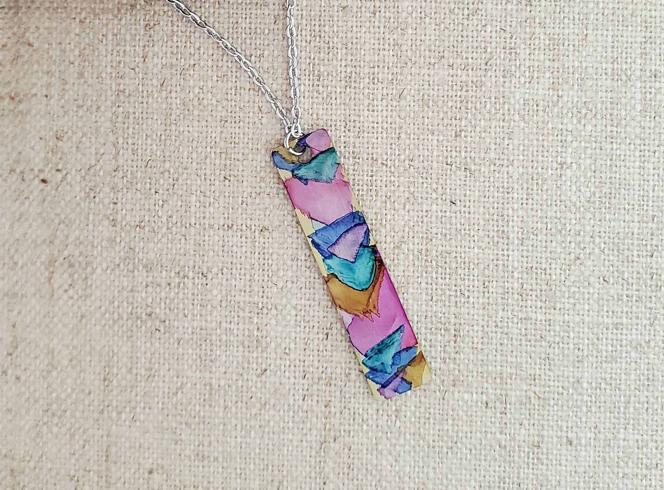 Covaly Artisan Jewelry - Wholesale Pendant/Charm Necklace - Alcohol Ink  Stainless Steel Thin Rectangle Necklace2