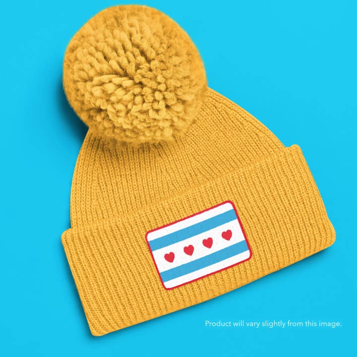 Chicago Love Knit Beanie w PomPom — Unisex Heart Flag Art for wholesale by Hello Design