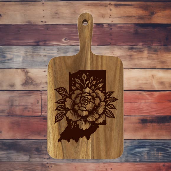 Planche à découper en bois d'acacia de l'État de l'Indiana pour la vente par Prairie Chicken Sticker Shop & Gifts