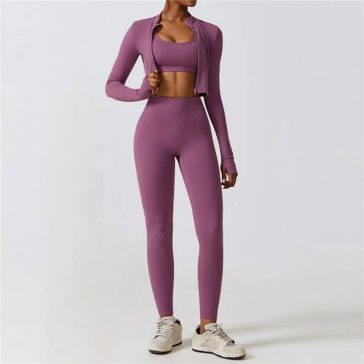 FurDecoration - Wholesale Activewear Set - Women's - Solid Color Sports Bra, Cropped Outerwear, and Leggings Three-Piece Set