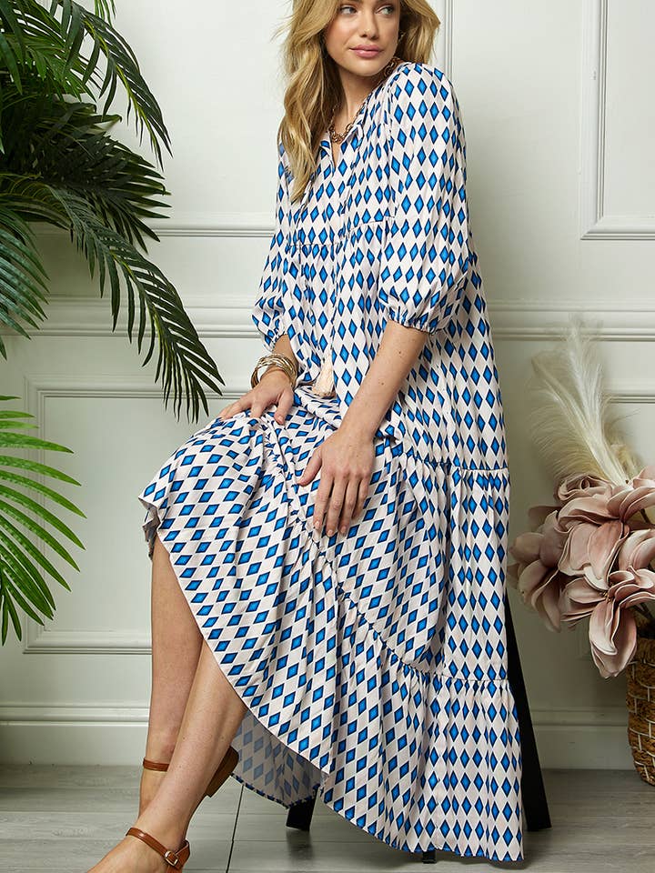 Print Three Quarter Puff Sleeve Maxi Dress for wholesale by Cezele