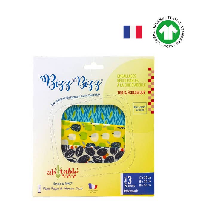 Ecodis - Grand Beau - Wholesale Food Storage Wrap/Bag - Bee Wraps Rectangles in Organic Cotton Pack of 3 S M L0