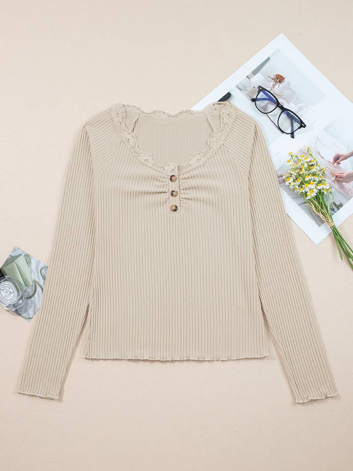 LALALOO Solid Ribbed Lace Trim Long Sleeve Top for wholesale by LALA LOO