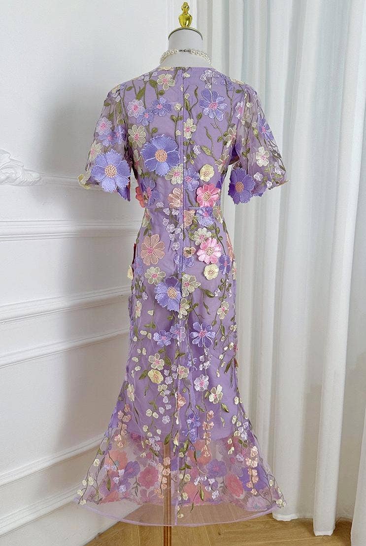 Sanyao Fashion - Wholesale Dress - Women's - SY474 3D Floral Embroidered Puff Sleeve Fishtail Skirt3