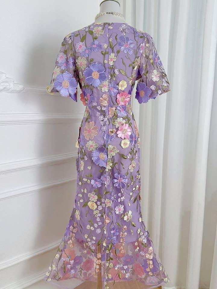 Sanyao Fashion - Wholesale Dress - Women's - SY474 3D Floral Embroidered Puff Sleeve Fishtail Skirt3