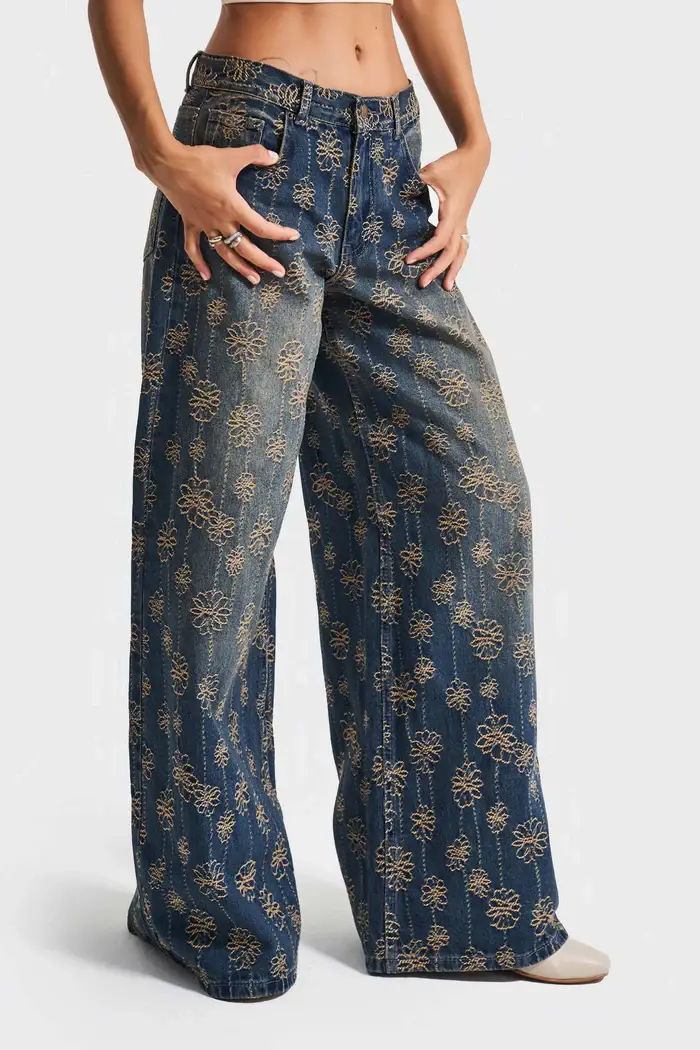 DesignofBoho – Engroshandel Jeans - Dame – Kvinders Stone Wash Palazzo Fit Broderet Design Denim Jeans0