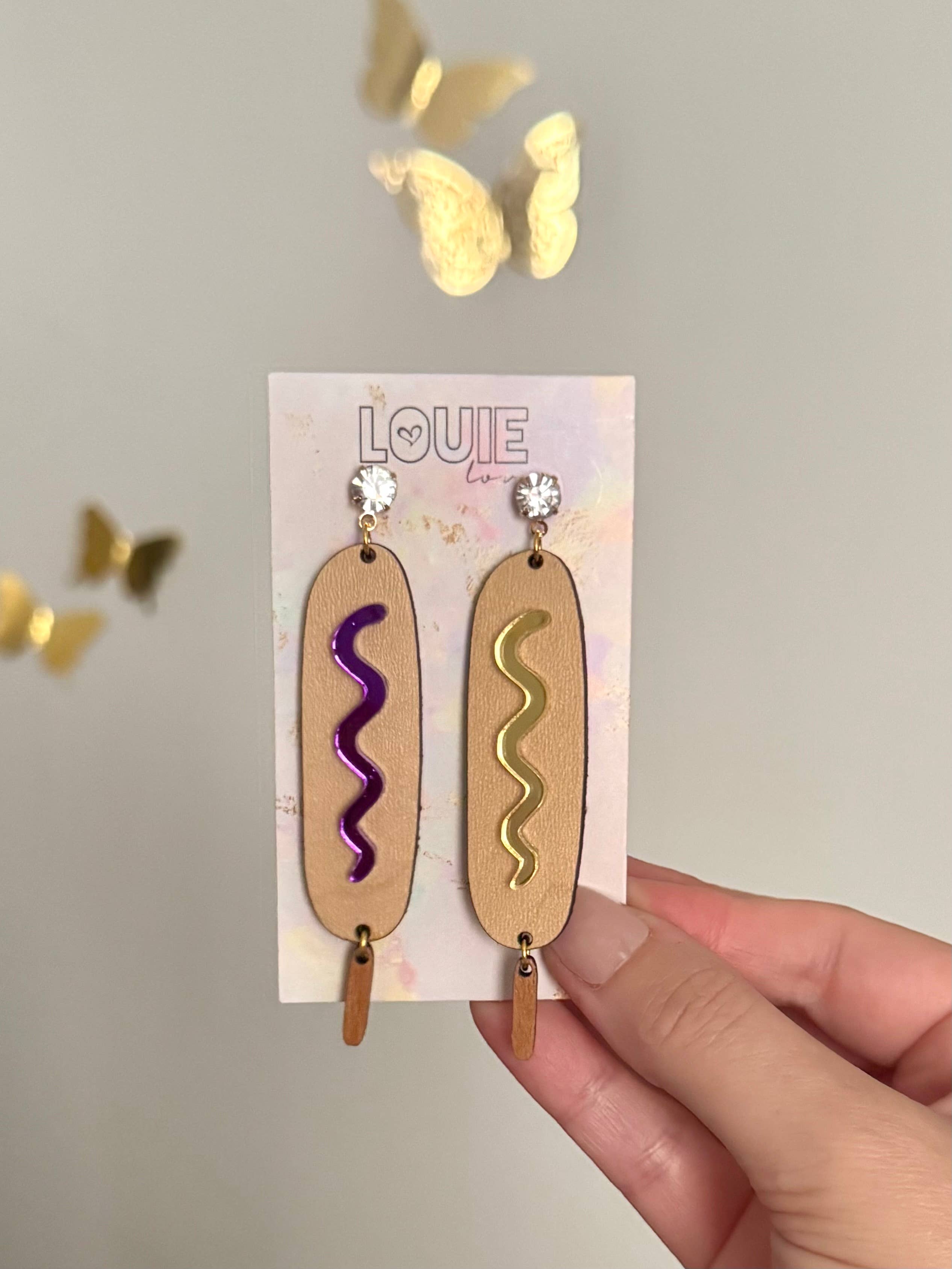 Louie Love - Wholesale Dangle Earrings - Acrylic Gameday LSU Purple Gold Corn Dog Earrings3