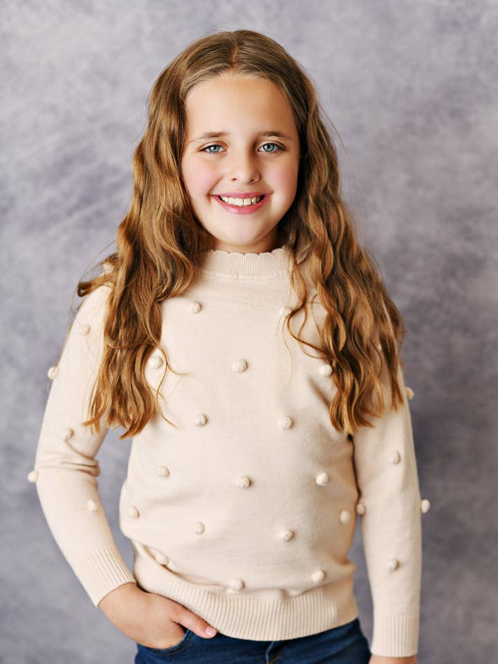 Kids Cream Beige Pom Pom Fall Winter Crew Neck Sweater for wholesale by Adorable Sweetness