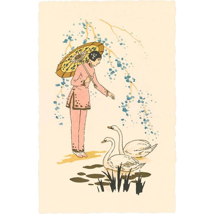 Postcard JN-160 Japanese Woman Feeding Swans for wholesale by Found Image Press
