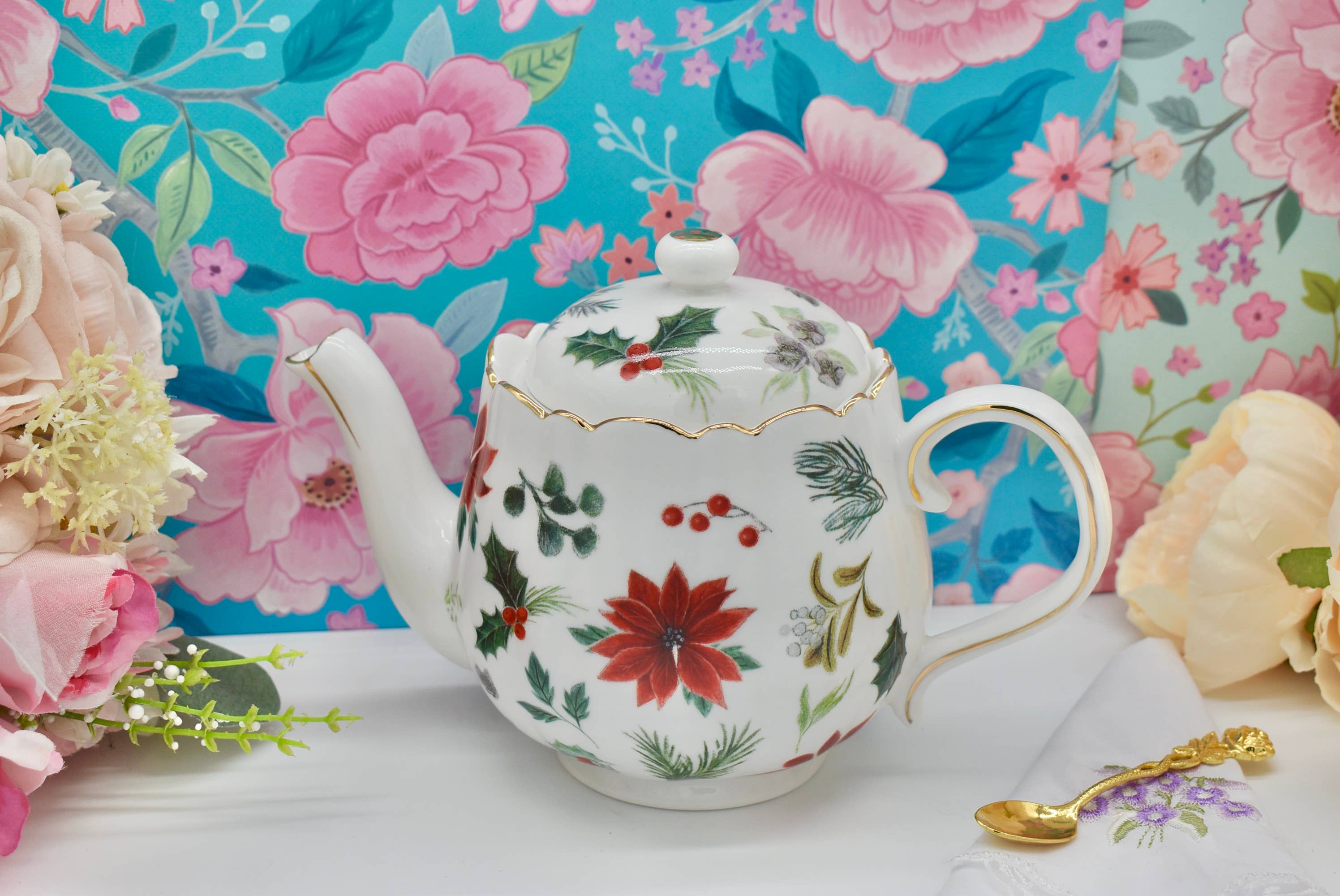 All Little Cute Things - Wholesale Tea Pot - Teapot Red Poinsettia Flowers and Holly Berries0