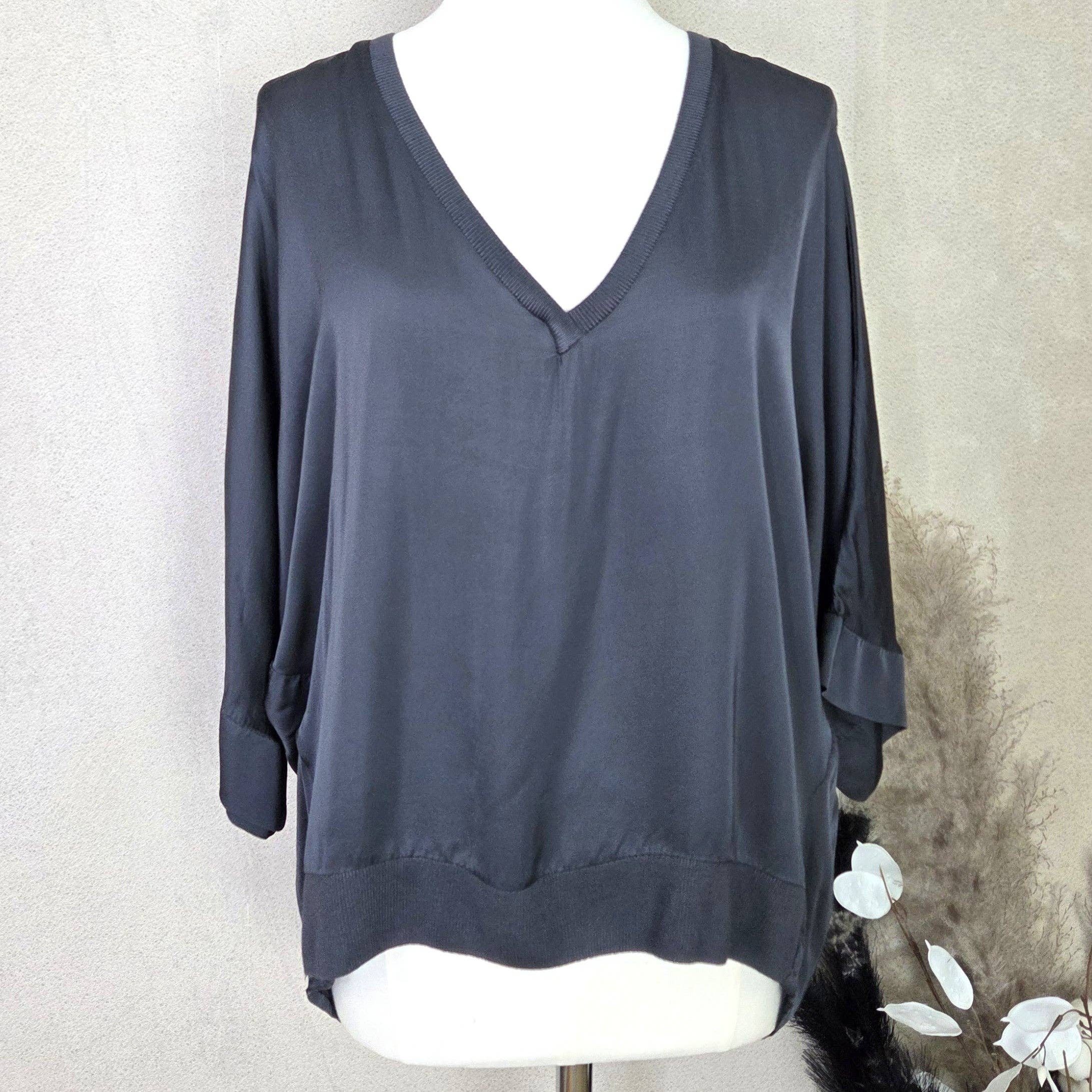 Tempest Designs - Vente Chemisier – femme - Haut en viscose effet satin à col en V hi-lo avec ourlet côtelé (M)3