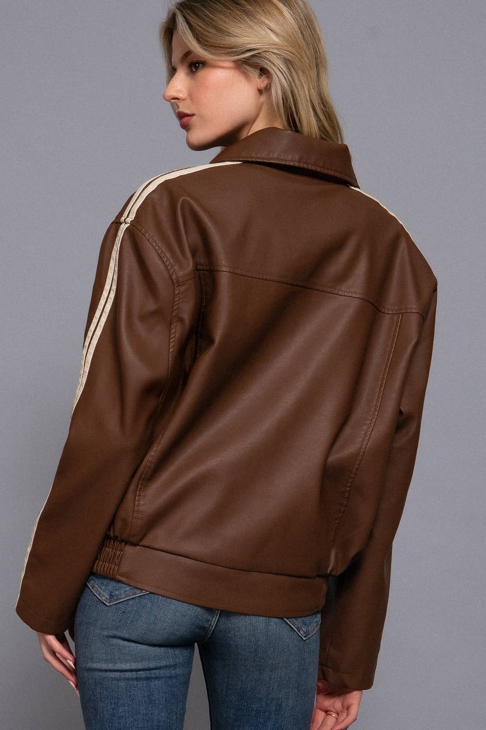 Active Basic | Active USA - Wholesale Leather Jacket - Women's - Long Sleeve Line Detail Faux Leather Jacket1