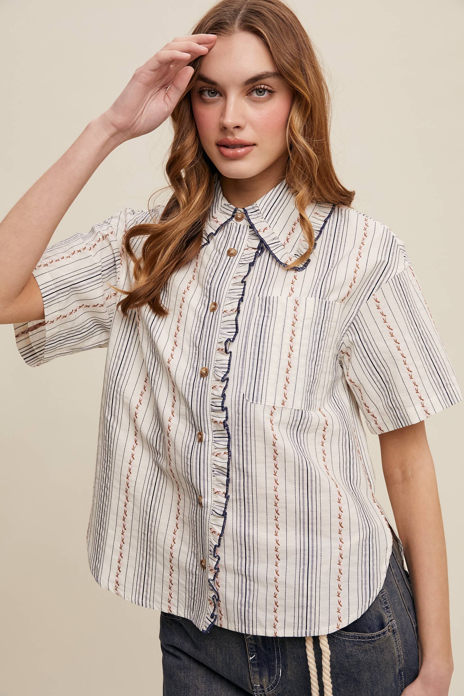 Listicle - Wholesale Button Down Shirt - Women's - Striped Embroidered Button-Down Blouse1