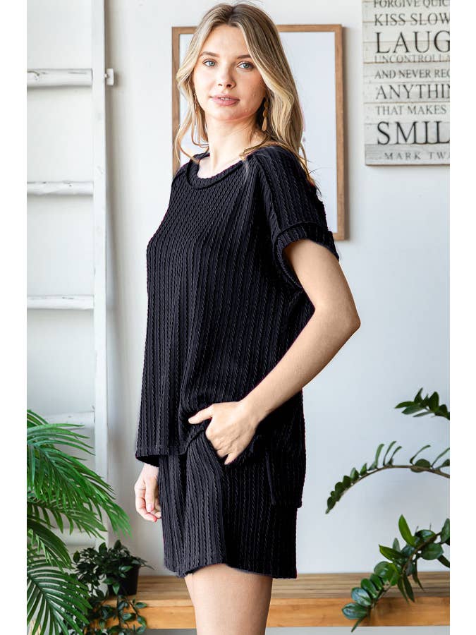 7th Ray - Wholesale Loungeset - Dames - Effen Getextureerde Korte Mouw Top en Korte Lounge Set TP549919