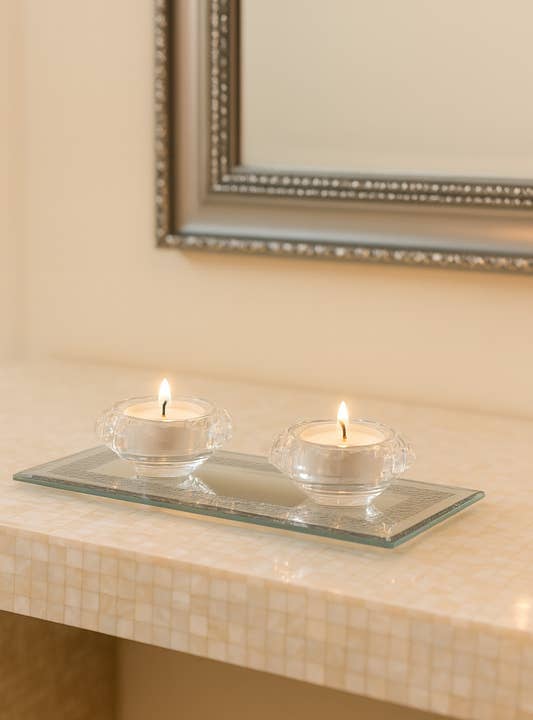 AULICA - Wholesale Candle Holder - Double candlestick holder in crystal with silver mirror rectangle base1