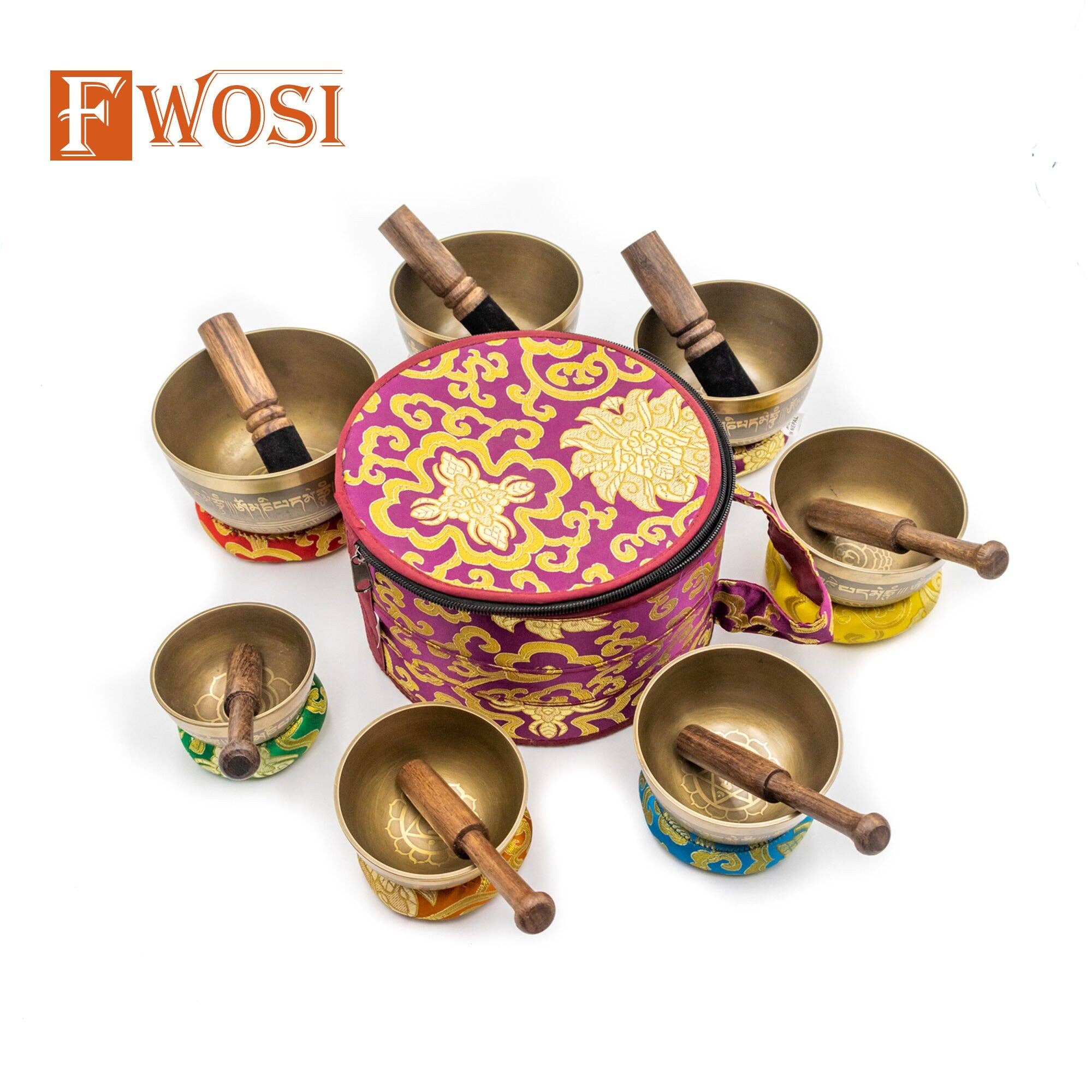 Fwosi - Wholesale Meditation Supplies - 7 Tibetan Singing Bowl Meditation Set with Carry Case, Mallet, Striker, Cushion | Antique Instruments for Yoga, Chakra Healing3
