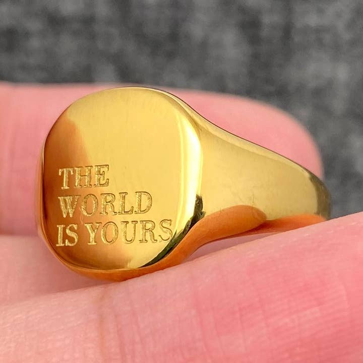 THE WOLRD IS YOURS 18K Golden SS Glossy Square Ring - FGS and other Purchase Wholesale wollsocken. Free Returns & Net 60 Terms on Faire trending on Faire.