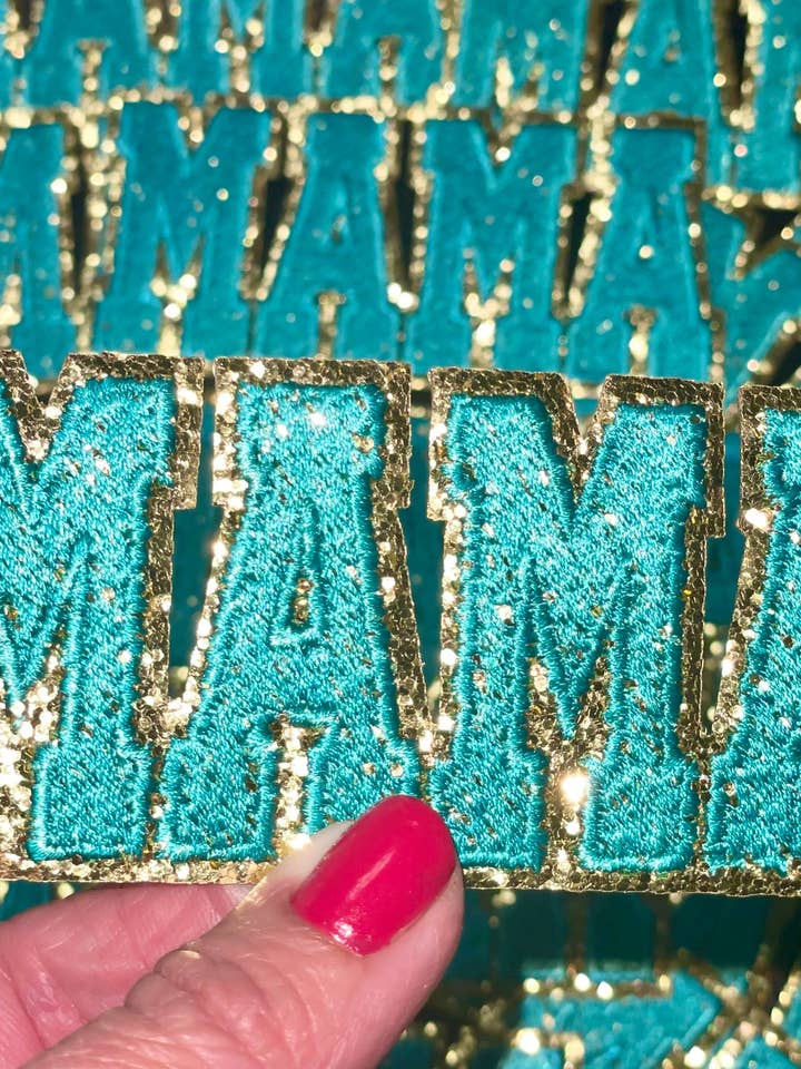 Mama Patch, Trucker Hat Patch, Turquoise colored Mama Patch, Embroidered Patch, Mom Patch, Glitter Patch, Patch for Hats, DIY, Iron on Patch for wholesale by sequinandstiches