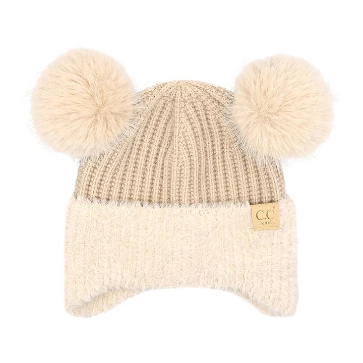 C.C Beanie - Wholesale Beanie - Kids - Kids C C Faux Fur Earflap Double Pom Beanie