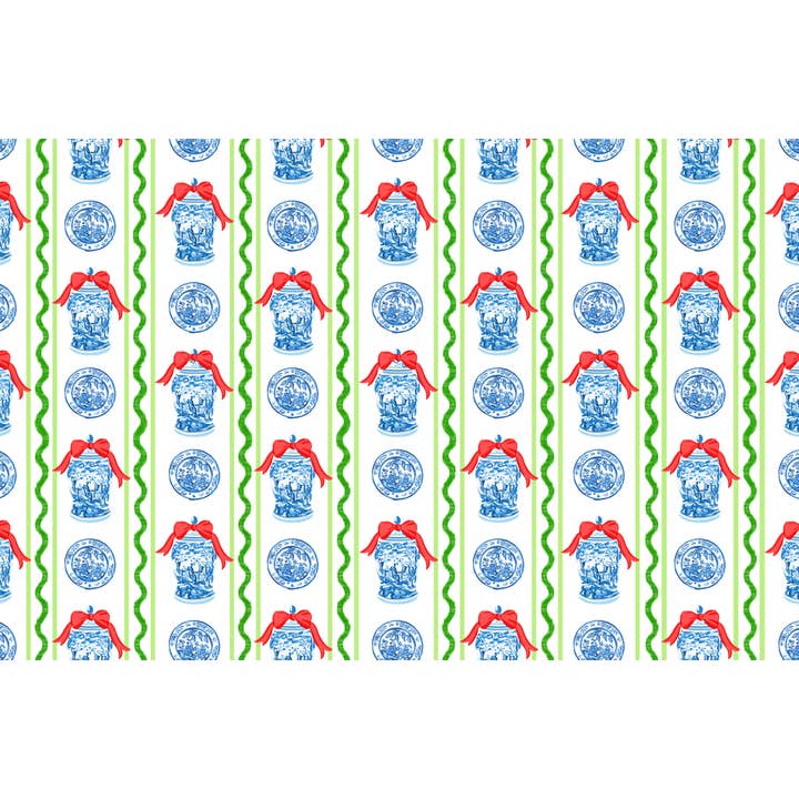 Chinoiserie Garland Stripe Paper Placemat Pad, Red for wholesale by Taylor Beach Design