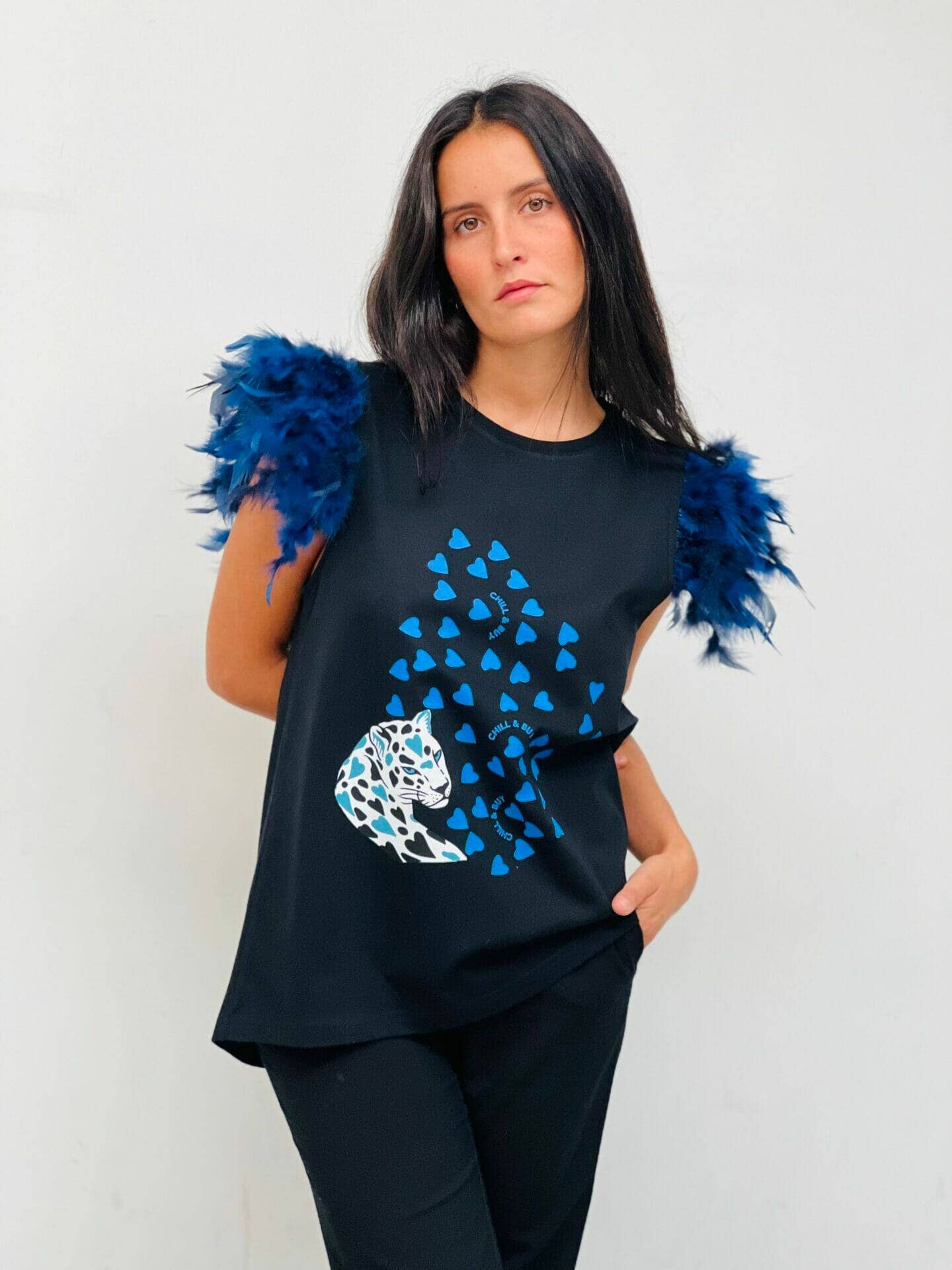 Black Tiger Hearts Feathers T-shirt for wholesale on Faire2