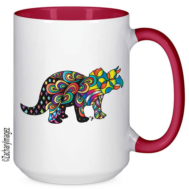 Colorful Triceratops 15oz Ceramic Mug for wholesale by Zachary Imagez