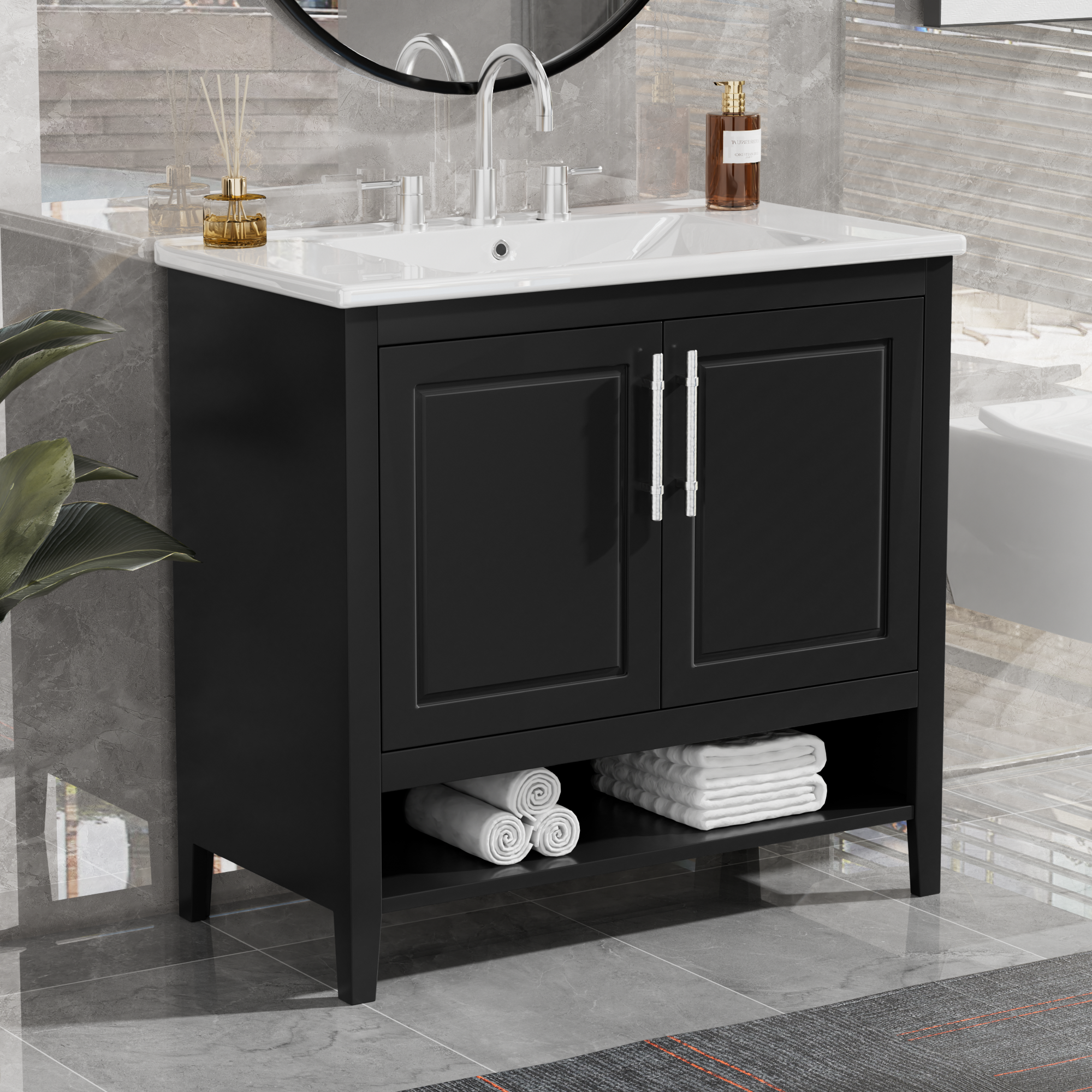 Orange County Decor - Wholesale Cabinet - 36" Bathroom Vanity With Sink, Multi Functional Bathroom Cabinet With Doors And Drawers, Mdf Frame And Mdf Board, Black Black Solid Wood Mdf9