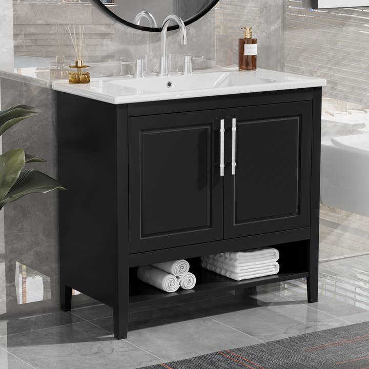 Orange County Decor - Wholesale Cabinet - 36" Bathroom Vanity With Sink, Multi Functional Bathroom Cabinet With Doors And Drawers, Mdf Frame And Mdf Board, Black Black Solid Wood Mdf9