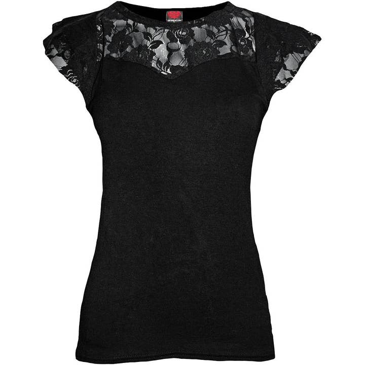 GOTHIC ELEGANCE - Lace Layered Cap Sleeve Top Black for wholesale by Spiral