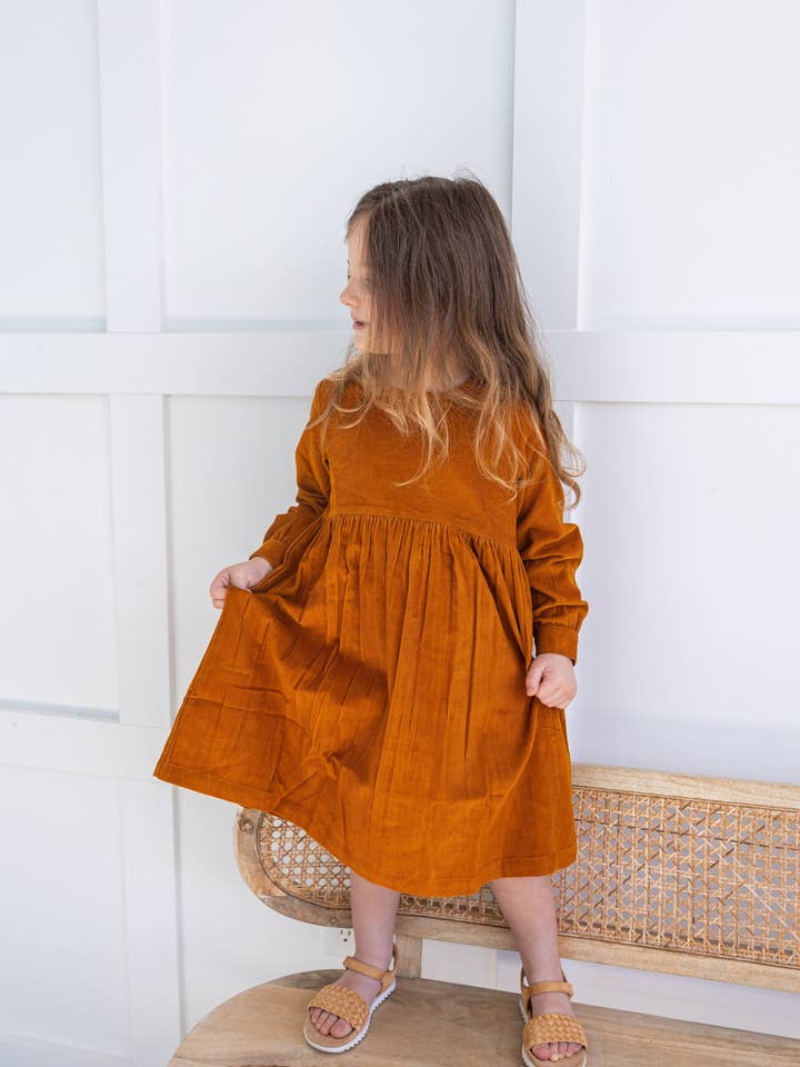 Yo Baby - Wholesale Dress - Kids - Rust Corduroy Solid Color Long Sleeves Gathered Dress3