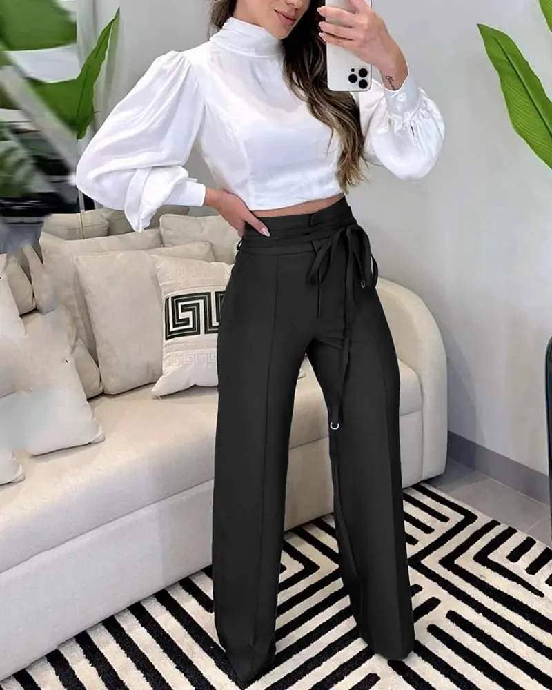 Queen Fashion - Wholesale Pants - Women's - tied detail straight leg work pants5