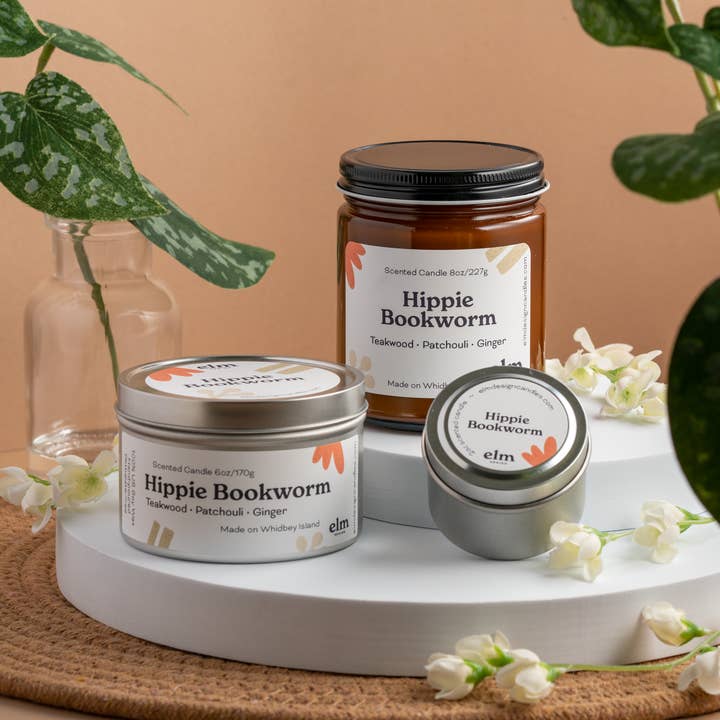 Hippie Bookworm Soy Candle for wholesale by Elm Design Candles