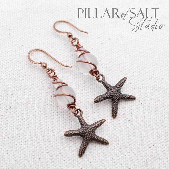 Antiqued Copper Starfish Earrings - Sea Glass (Clear White) for wholesale by Pillar of Salt Studio