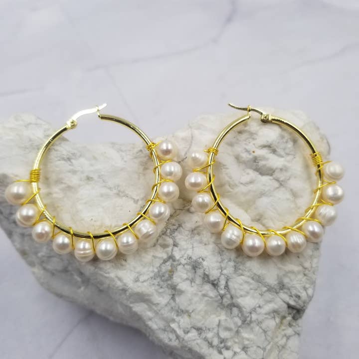Freshwater Pearls Eddy Hoop Earrings - Gold Plated for wholesale by The Pretty Jewellery