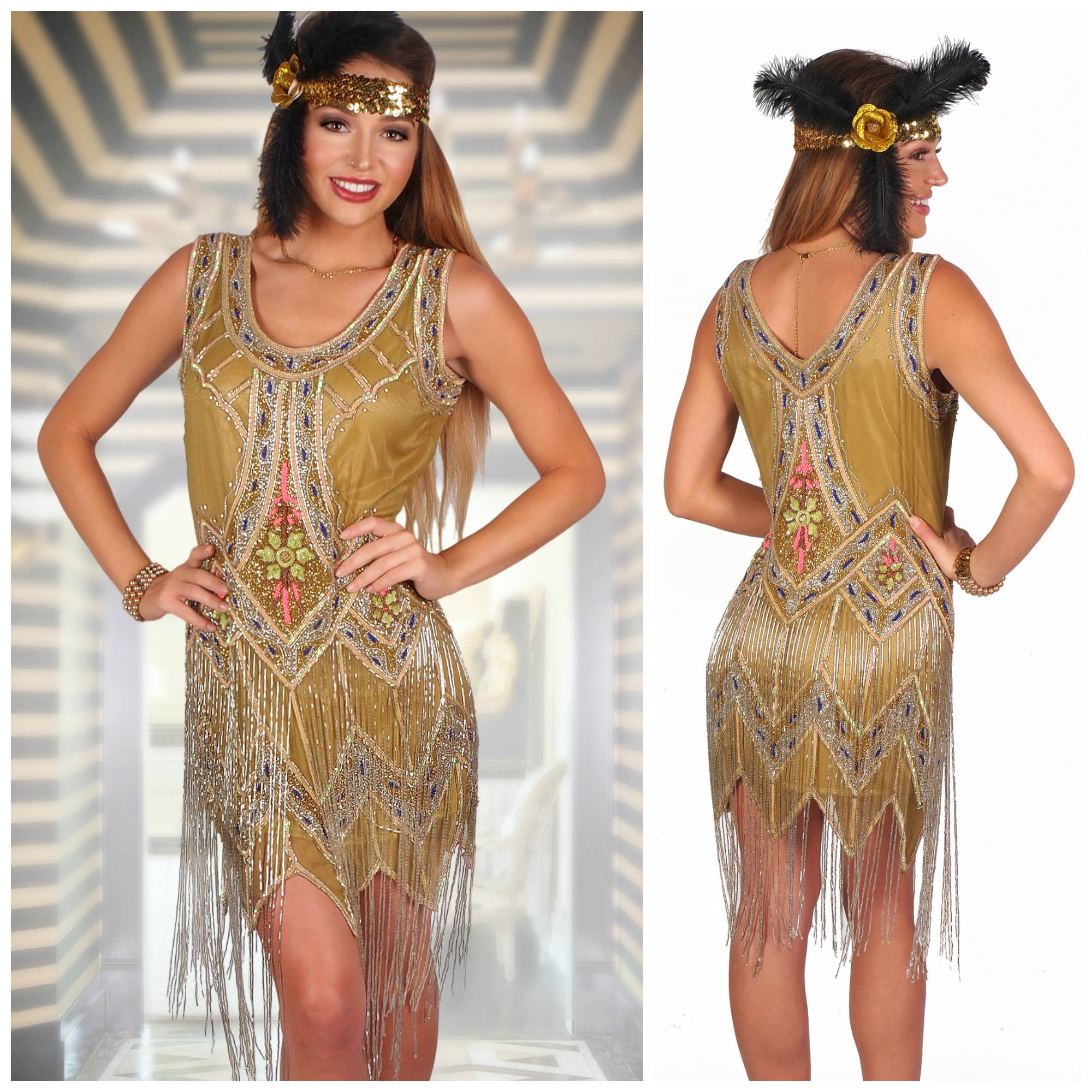 Western Fashion - Wholesale Dress - Women's - Gold Flapper Beaded Sequin Dress With Beaded Fringes - 3xl0