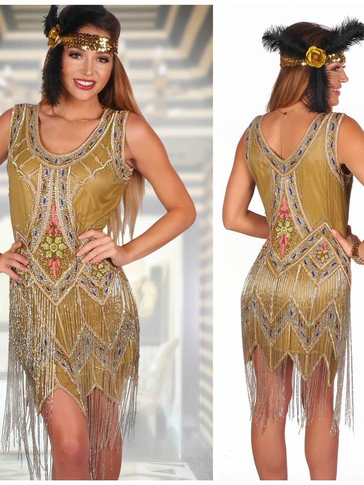 Western Fashion - Wholesale Dress - Women's - Gold Flapper Beaded Sequin Dress With Beaded Fringes - 3xl0