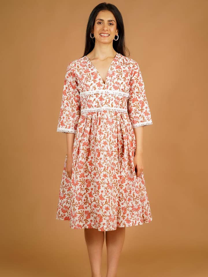 Bagru Pink Midi Kjole for engroshandel hos INDOPHILIA