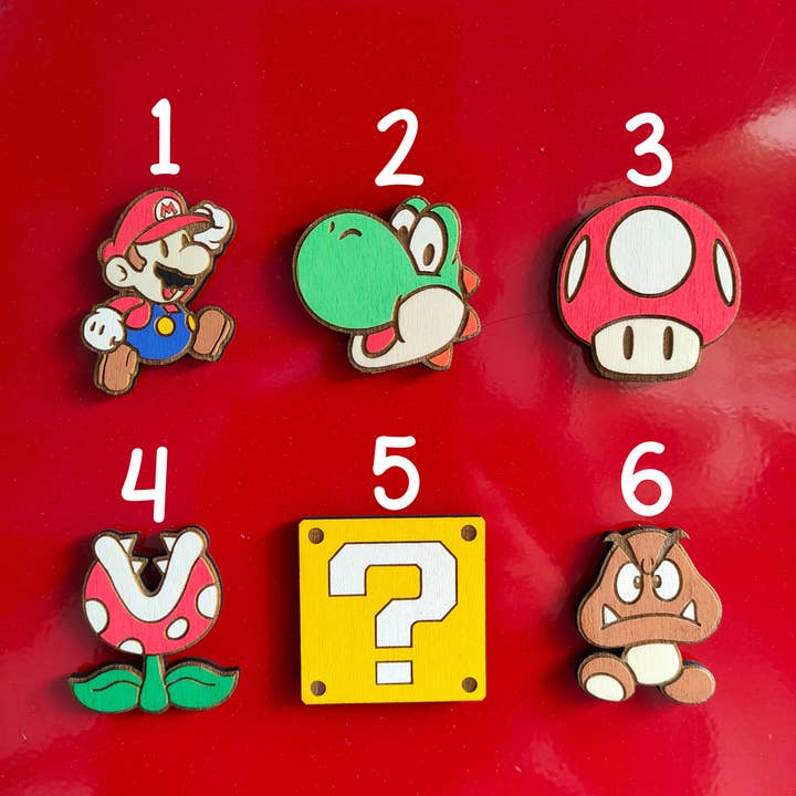Herbs&Belles – wholesale Magnet – Mario kylskåpsmagneter i trä, Yoshi, Svamp, Pirayaplantan