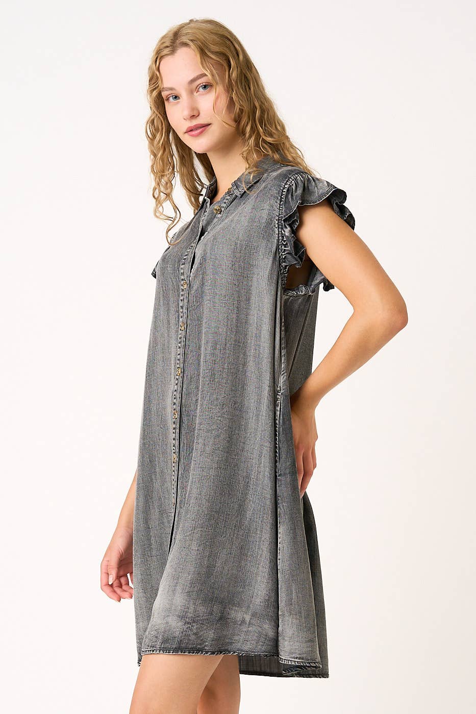 mittoshop - Wholesale Dress - Women's - WASHED CHAMBRAY RUFFLE SLEEVE BUTTONED MINI DRESS12